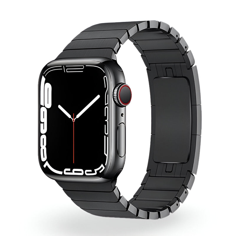 Bracelet Apple Watch en acier inoxydable noir pour homme, maillons larges, finition mate.