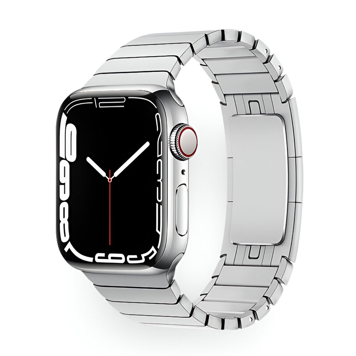 Bracelet pour Apple Watch en acier inoxydable argenté style maillon, fermeture déployante robustes.