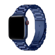 Bracelet Apple Watch en acier inoxydable bleu, maillons larges, boucle déployante, modèle Kino homme.