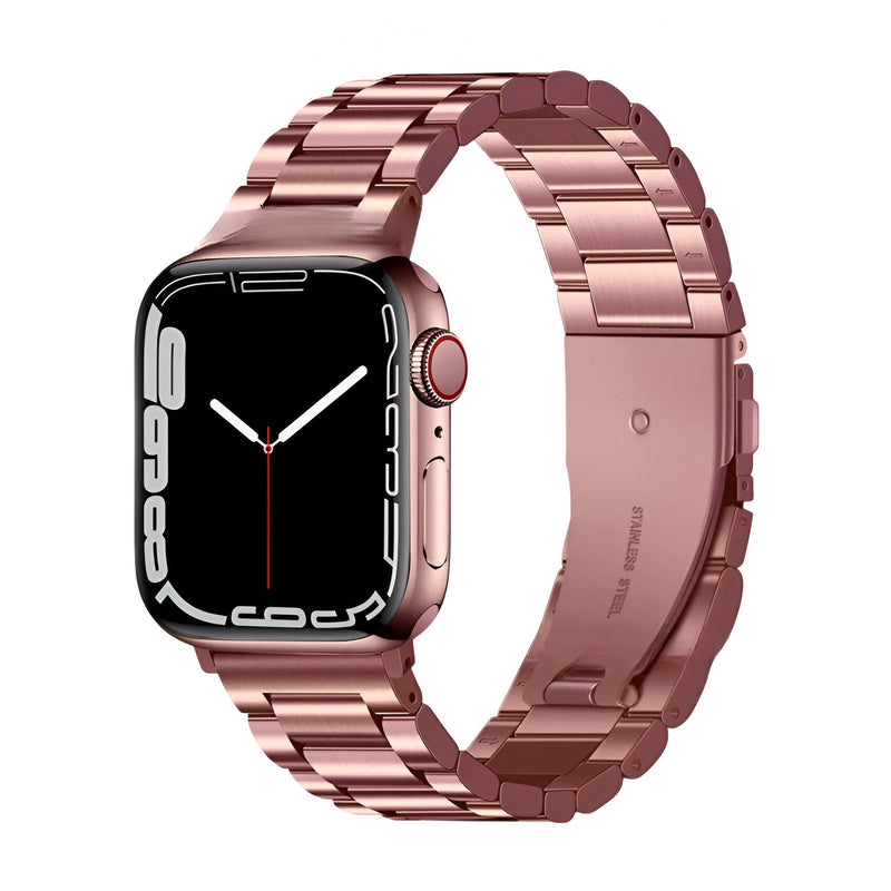 Bracelet Apple Watch en acier inoxydable or rosé, style maillons larges pour homme.