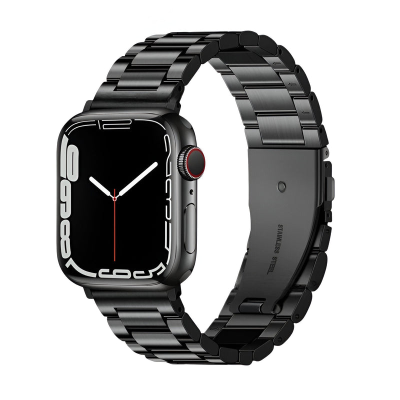 Bracelet Apple Watch homme en acier inoxydable noir, maillons larges, fermoir papillon élégant.