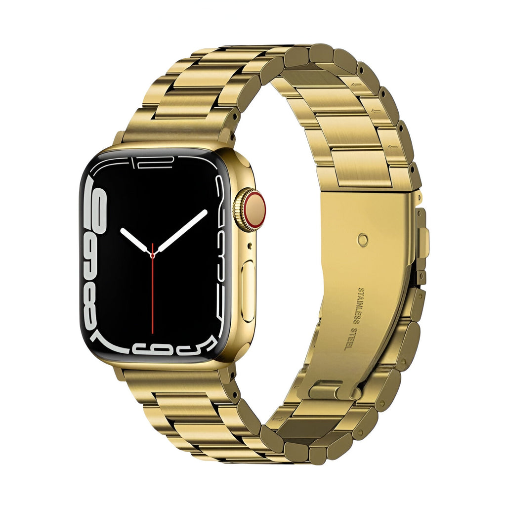 Bracelet Apple Watch en acier inoxydable or jaune, maillons larges, boucle déployante, adapté homme.
