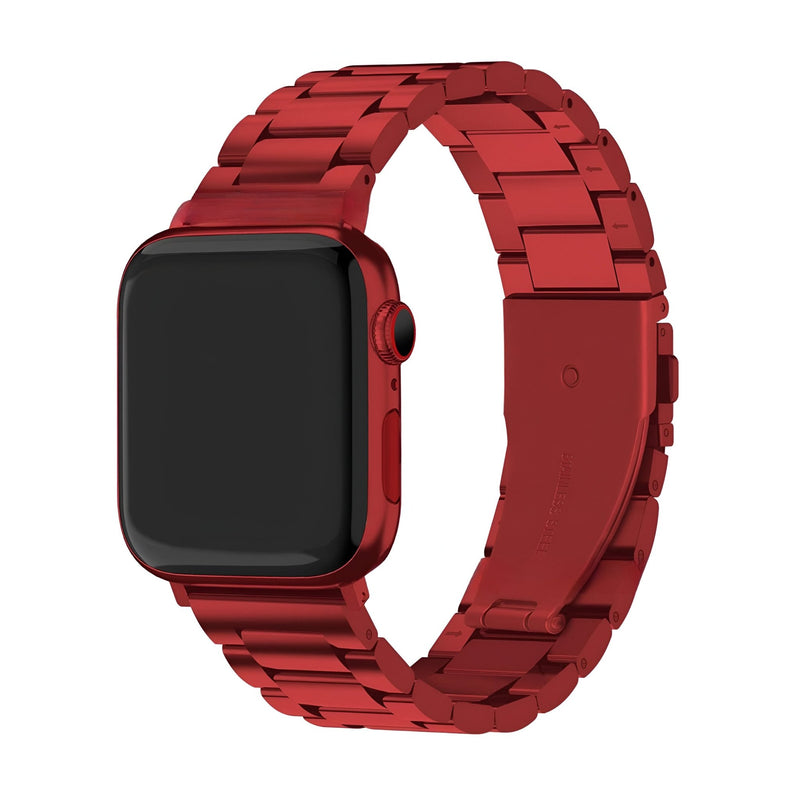 Bracelet Apple Watch en acier inoxydable rouge pour hommes, style maillons larges.