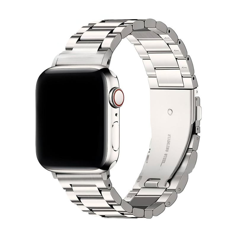Bracelet pour Apple Watch en acier inoxydable argenté, maillons larges, style moderne et masculin.