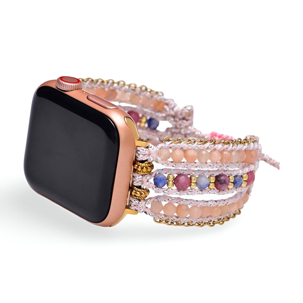Bracelet Apple Watch femme multicolore en corde tressée et pierres naturelles, modèle Onyxia.