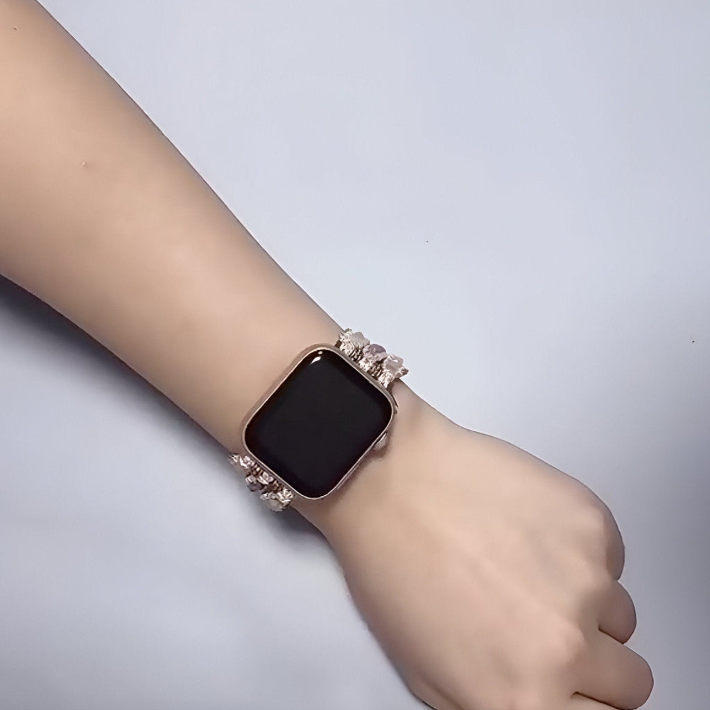 Bracelet Apple Watch pour femme en corde multicolore avec perles de pierre de soleil, modèle Onyxia.