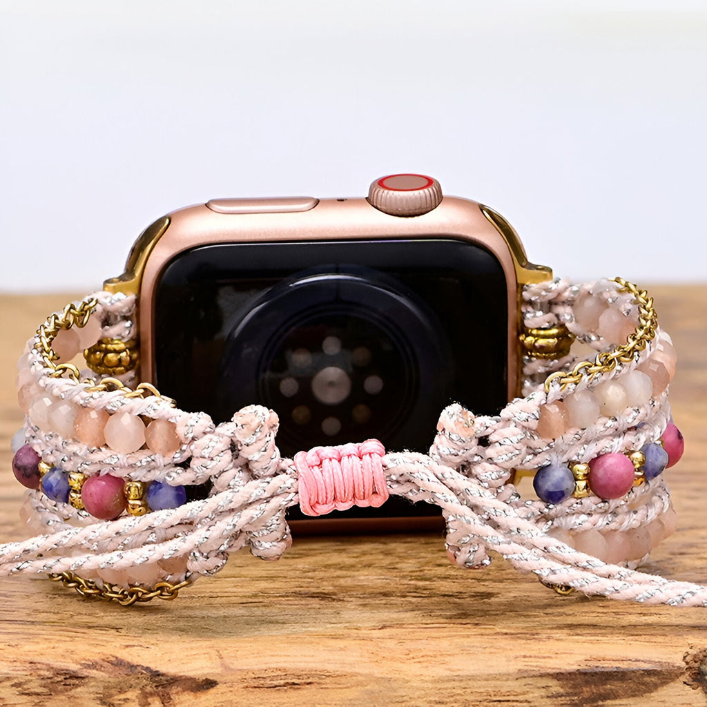 Bracelet Apple Watch femme corde beige pierres multicolores pierre de soleil or rose.