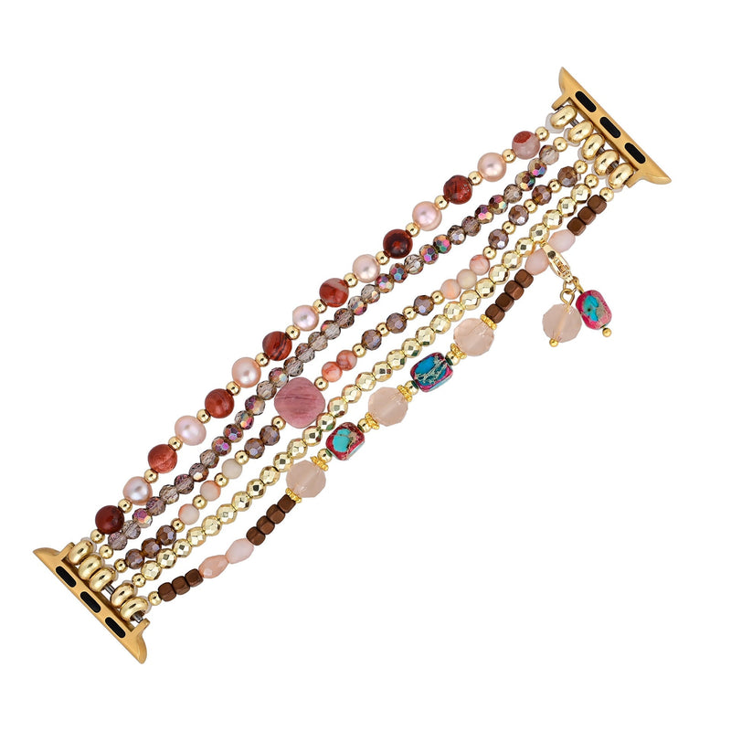Bracelet Apple Watch multicolore pour femme avec perles en cristal, bois et détails dorés, modèle Elix.