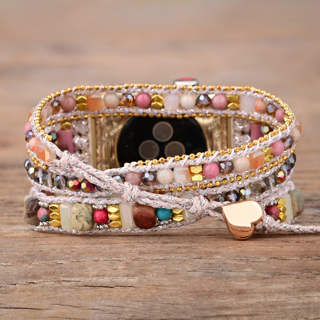 Bracelet en cristal multicolore pour Apple Watch, style jorah, fermoir cœur doré, finition tressée rose.