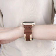 Bracelet Apple Watch en cuir marron avec chaîne dorée, style Zéyou, taille 38-42 mm.