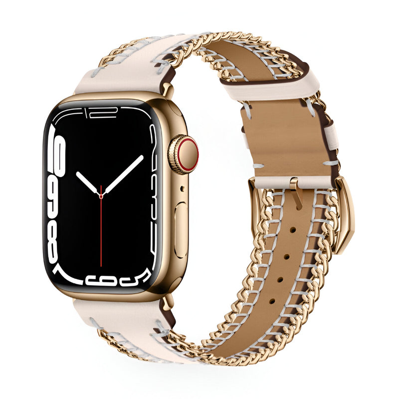 Bracelet Apple Watch en cuir beige avec chaîne en métal doré et boucle ajustable.