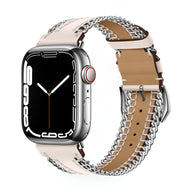 Bracelet Apple Watch cuir rose clair avec chaîne argentée, boucle ardillon réglable.