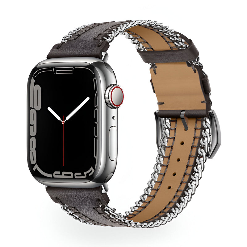 Bracelet Apple Watch en cuir marron avec chaîne argentée, pour 38 à 42 mm, fermoir noir élégant.