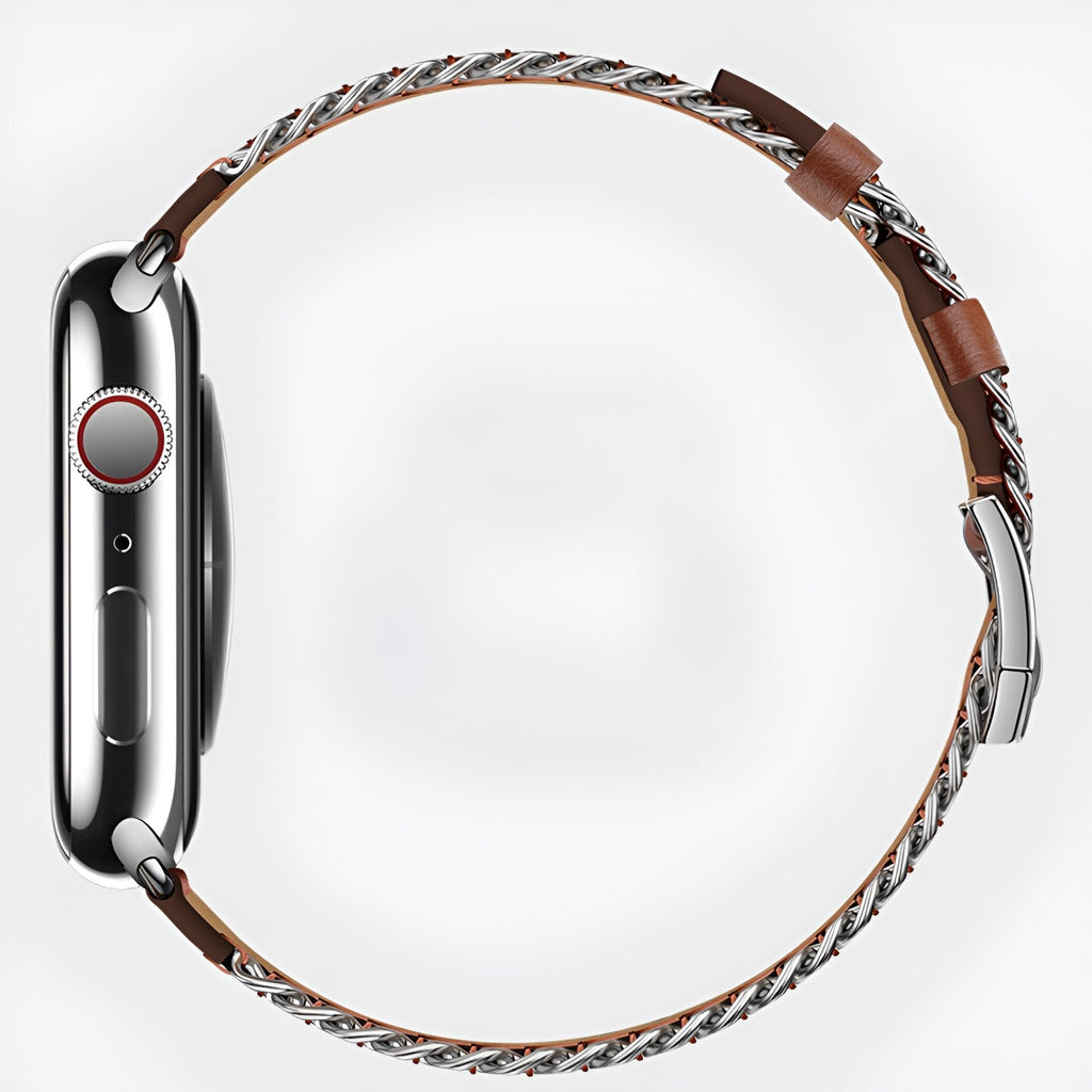 Bracelet pour Apple Watch en cuir marron avec chaîne argentée, modèle Zéyou, taille 38 à 42 mm.