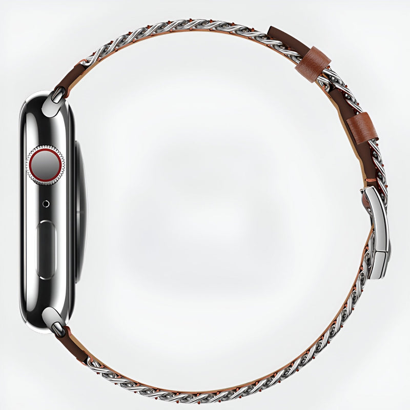Bracelet pour Apple Watch en cuir marron avec chaîne argentée, modèle Zéyou, taille 38 à 42 mm.