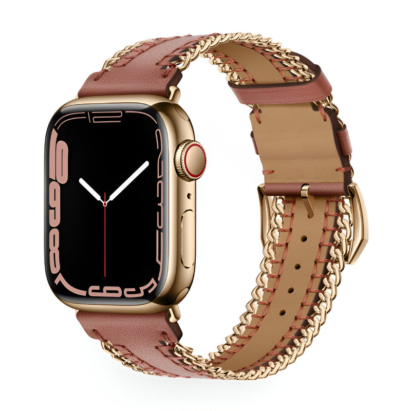 Bracelet Apple Watch en cuir marron avec chaîne dorée, boucle ajustable, modèle Zéyou.