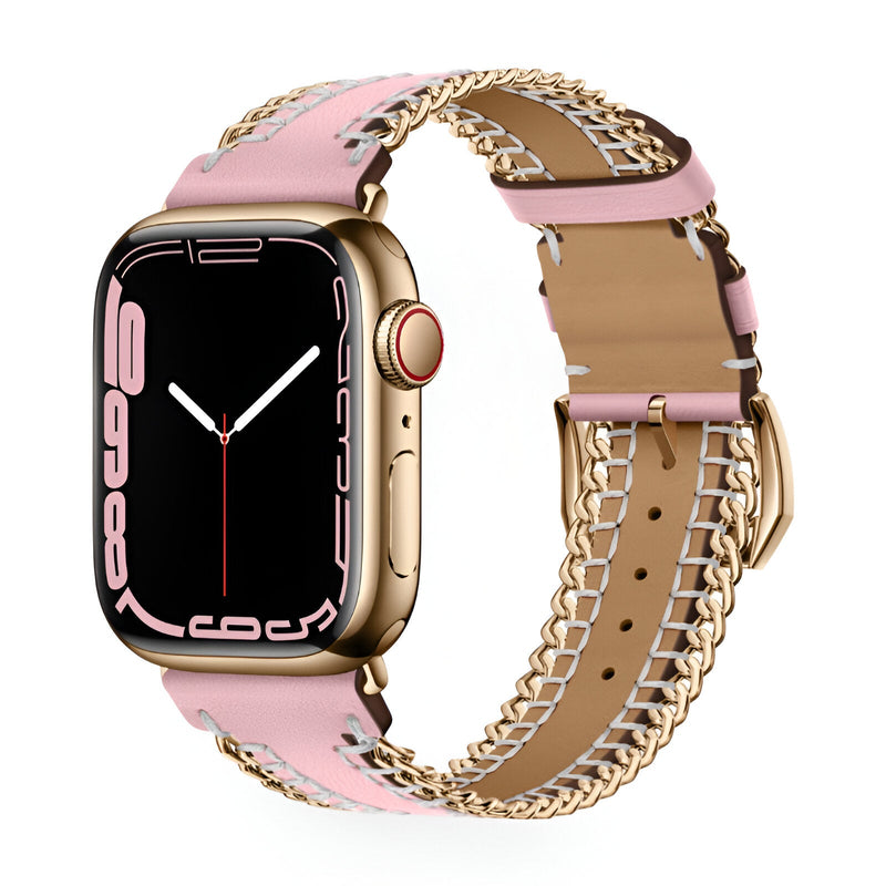 Bracelet Apple Watch en cuir rose avec chaîne métal or, boucle ajustable.