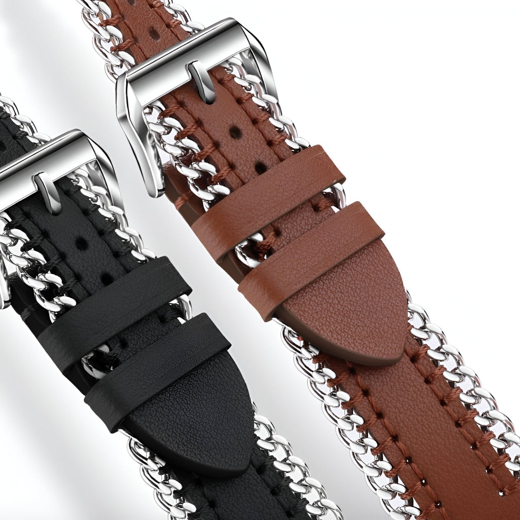 Bracelet Apple Watch en cuir marron avec chaîne argentée et coutures blanches, modèle Zéyou.