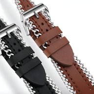 Bracelet Apple Watch en cuir marron avec chaîne argentée et coutures blanches, modèle Zéyou.