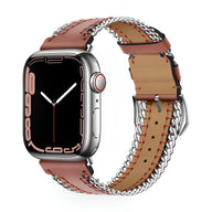Bracelet Apple Watch en cuir marron avec chaîne argentée, modèle Zéyou, taille 38-42 mm.
