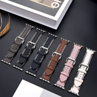 Bracelets Apple Watch cuir à chaîne en noir, bleu marine, marron, rose et blanc avec boucles argentées.