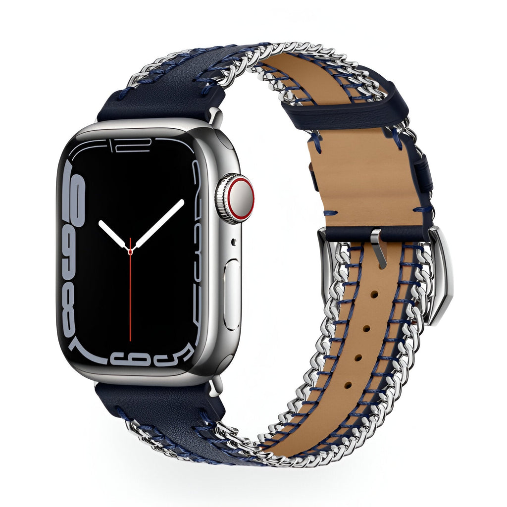 Bracelet Apple Watch en cuir bleu marine avec chaîne argentée et doublure beige, modèle Zéyou.
