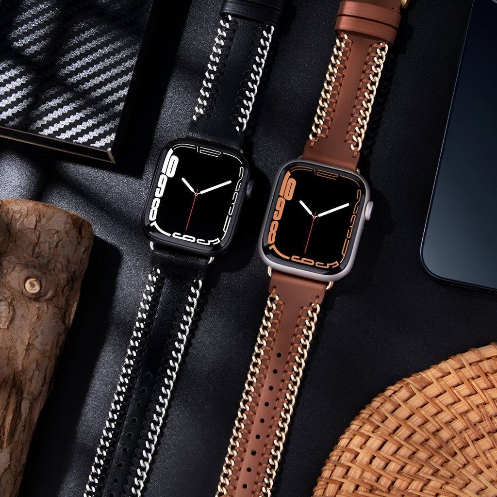 Bracelet Apple Watch en cuir noir avec chaîne argentée, style Zéyou, pour cadran carré.