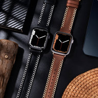 Bracelet Apple Watch en cuir noir avec chaîne argentée, style Zéyou, pour cadran carré.