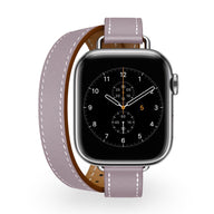 Bracelet Apple Watch en cuir mauve à double tour avec surpiqûres blanches, style Ermione.