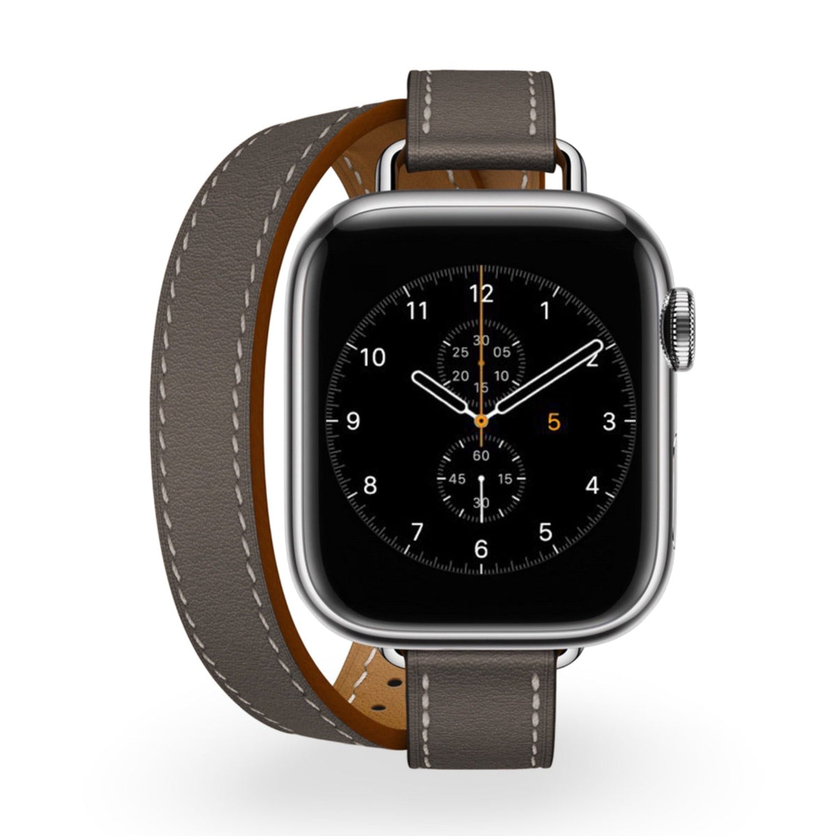 Bracelet Apple Watch cuir gris à double tour avec surpiqûres blanches pour femme modèle Ermione.