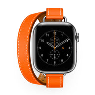 Bracelet Apple Watch cuir orange à double tour avec surpiqûres blanches, modèle Ermione.