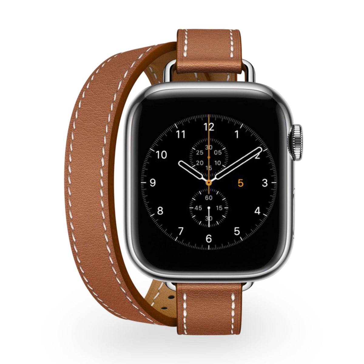Bracelet Apple Watch cuir marron double tour couture blanche modèle Ermione.