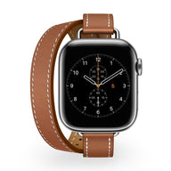 Bracelet Apple Watch cuir marron double tour couture blanche modèle Ermione.