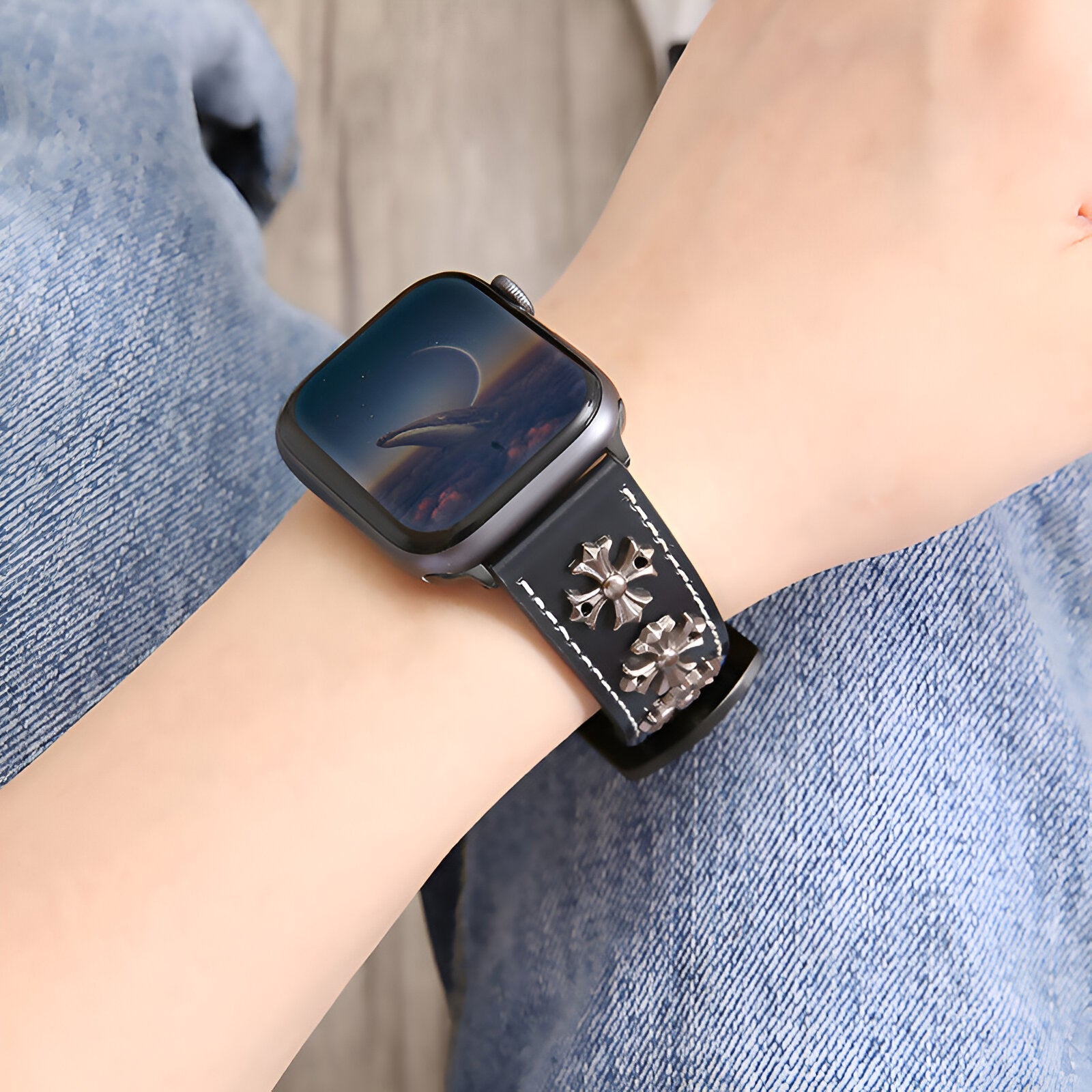 Bracelet de montre connectée, Apple Watch, en cuir à rivets, mixte, modèle Vyn - La Boutique du Bracelet