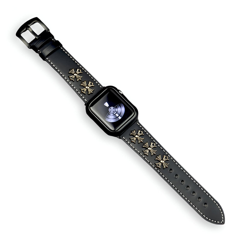 Bracelet Apple Watch en cuir noir à rivets dorés avec boucle classique, modèle Vyn.