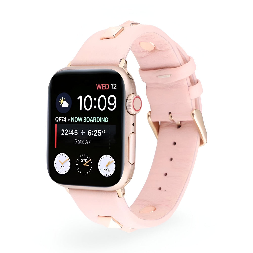 Bracelet Apple Watch femme en cuir rose à rivets, boucle métallisée dorée, taille 38-42 mm.
