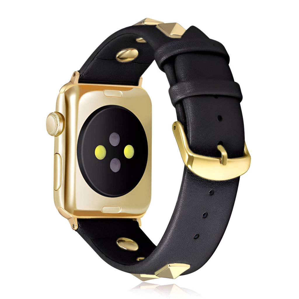 Bracelet Apple Watch en cuir noir avec rivets dorés et boucle dorée, modèle Sadia.