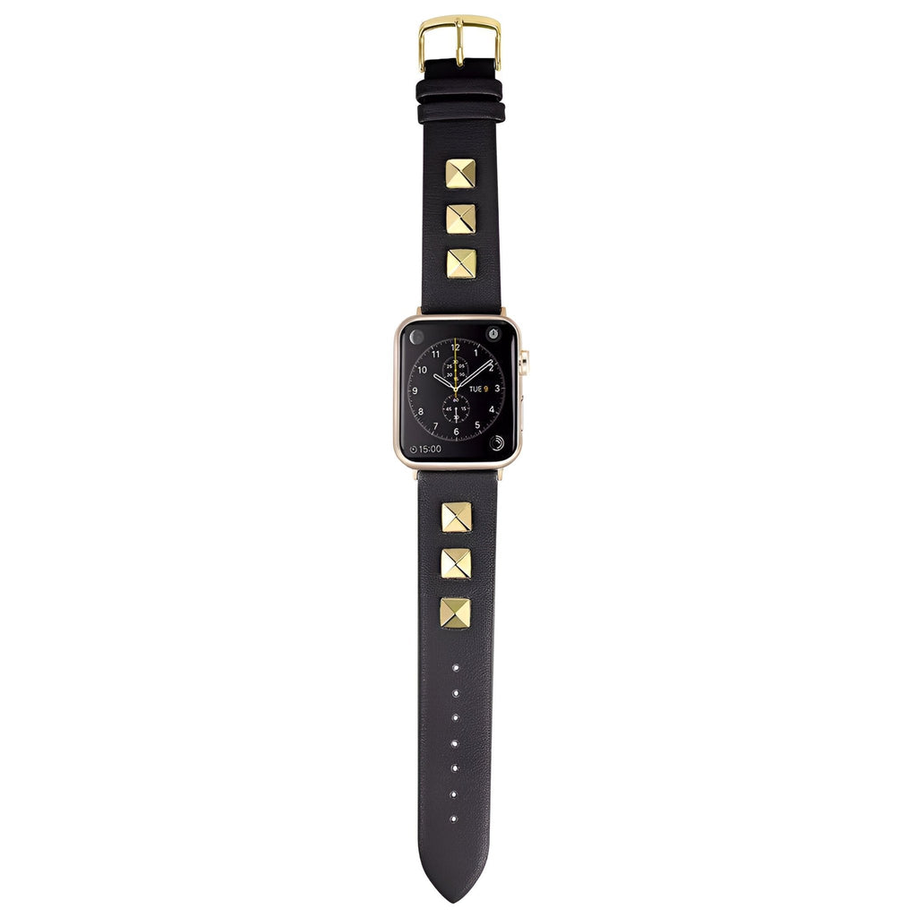 Bracelet Apple Watch en cuir noir avec rivets pyramide dorés pour femme, taille 38-42 mm.