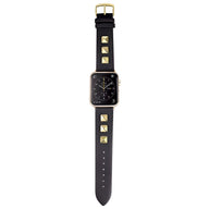 Bracelet Apple Watch en cuir noir avec rivets pyramide dorés pour femme, taille 38-42 mm.