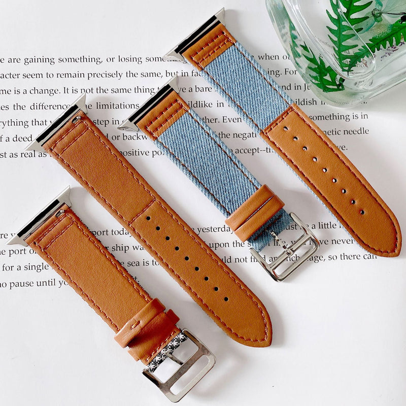 Bracelet Apple Watch femme en cuir camel et denim bleu avec boucle argentée.