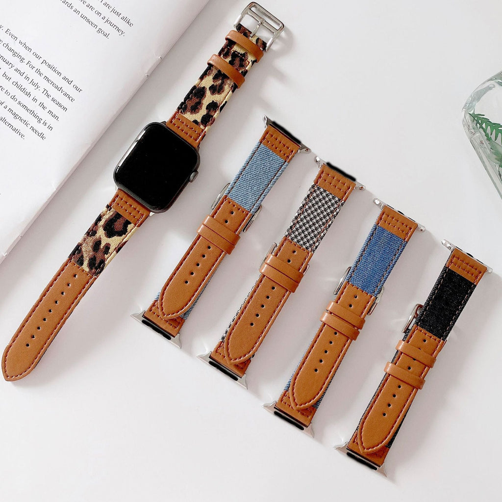 Bracelet Apple Watch en cuir marron et denim, option motif léopard, bleu et noir, pour femme.
