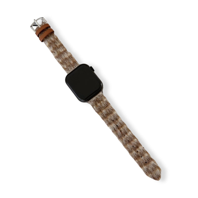 Bracelet Apple Watch en cuir marron et laine tissée beige, boucle argentée, style Gryphan.