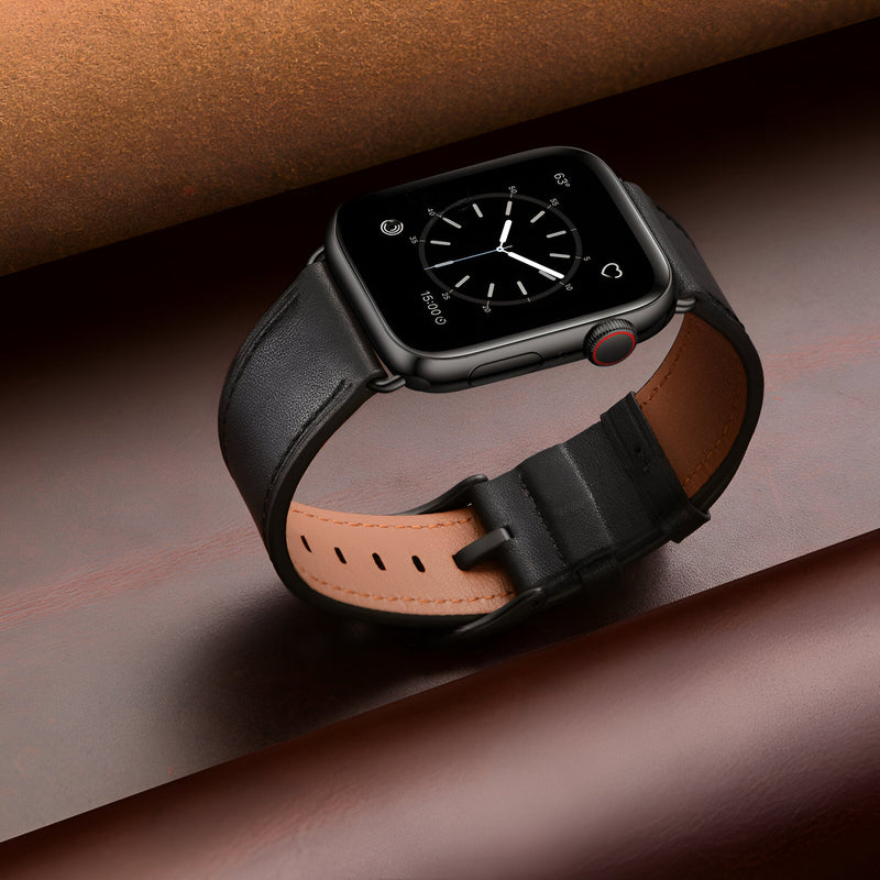Bracelet Apple Watch en cuir noir avec boucle noire, intérieur marron clair, modèle Jano.