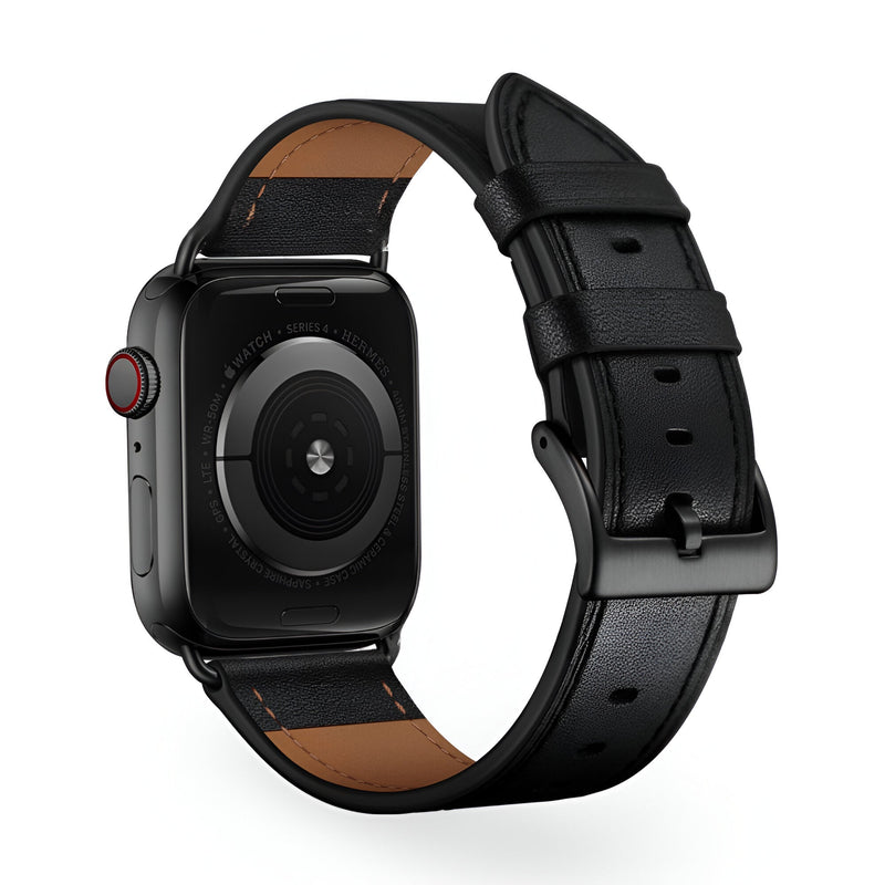 Bracelet cuir noir pour Apple Watch avec boucle ardillon élégante, intérieur marron clair.