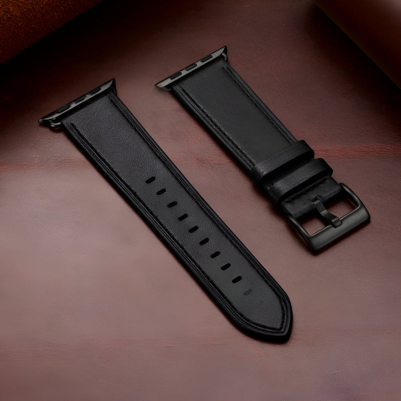 Bracelet Apple Watch en cuir noir avec boucle noire, style élégant et minimaliste, modèle Jano.