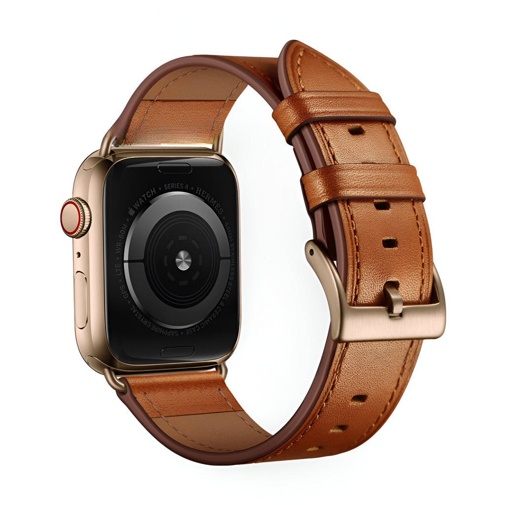 Bracelet Apple Watch en cuir cognac, boucle classique en métal, style élégant et mixte.