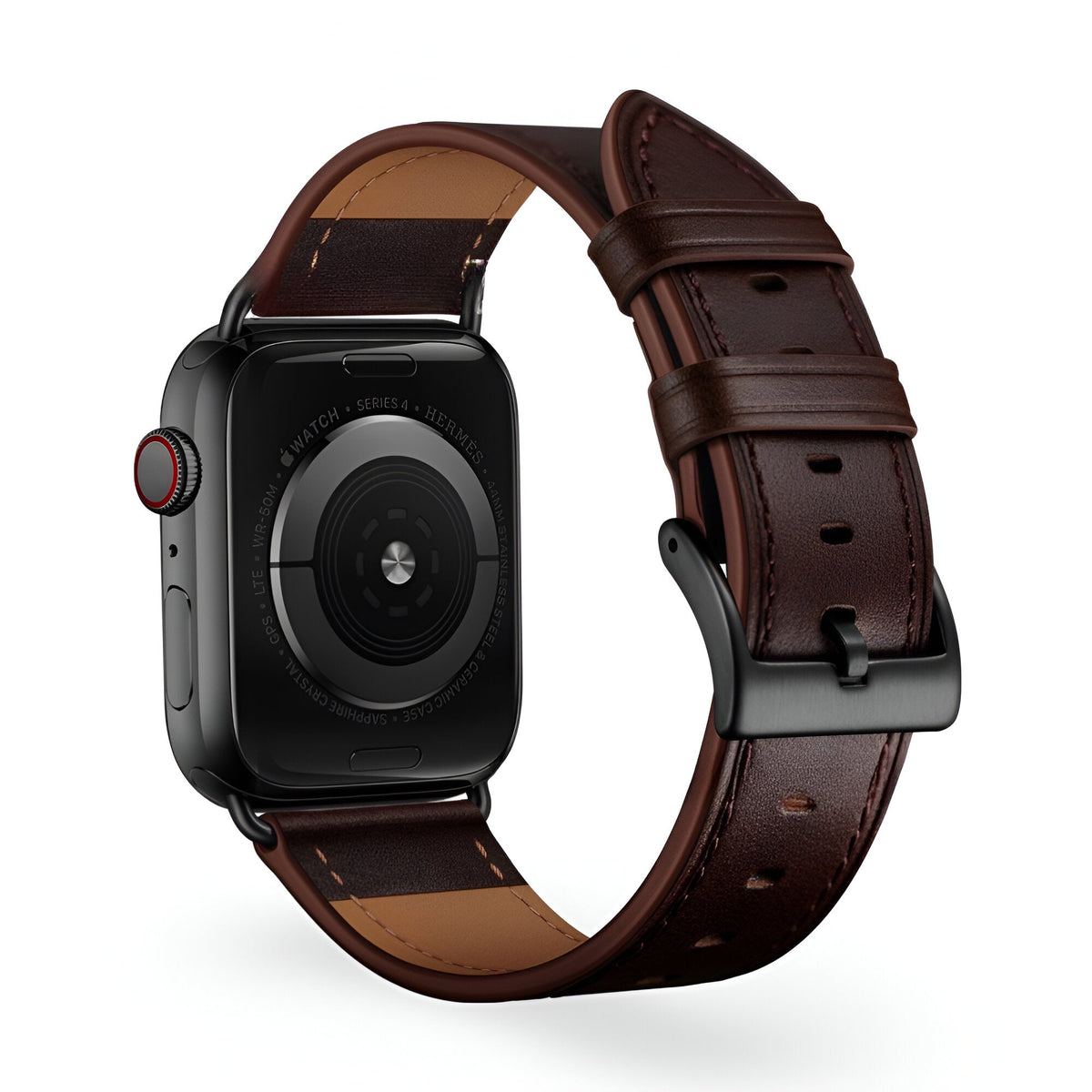 Bracelet de montre Apple en cuir marron foncé avec boucle noire élégante, mixte, modèle Jano.