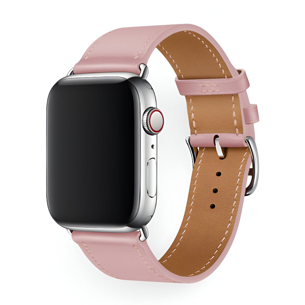 Bracelet Apple Watch cuir rose clair avec boucle argentée, modèle Krynn, taille 38-42 mm.