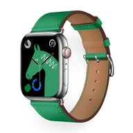 Bracelet Apple Watch en cuir vert avec boucle argentée, style mixte, modèle Krynn.