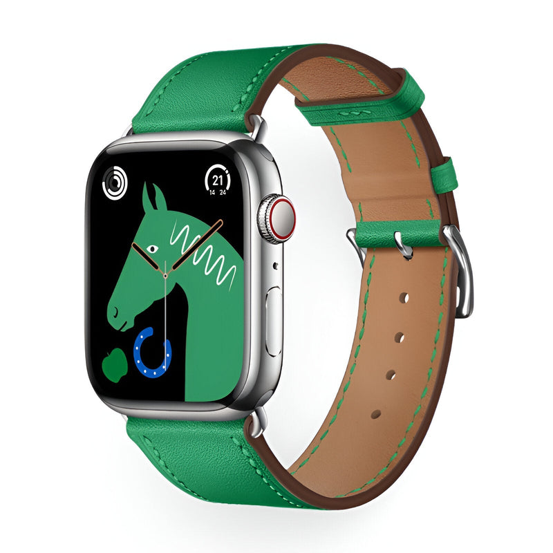 Bracelet Apple Watch en cuir vert avec boucle argentée, style mixte, modèle Krynn.